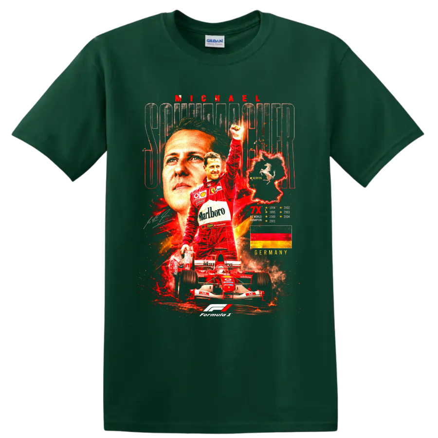 Michael Schumacher Ferrari Formula 1 championship collage with race car and German flag on a Forest Green T Shirt