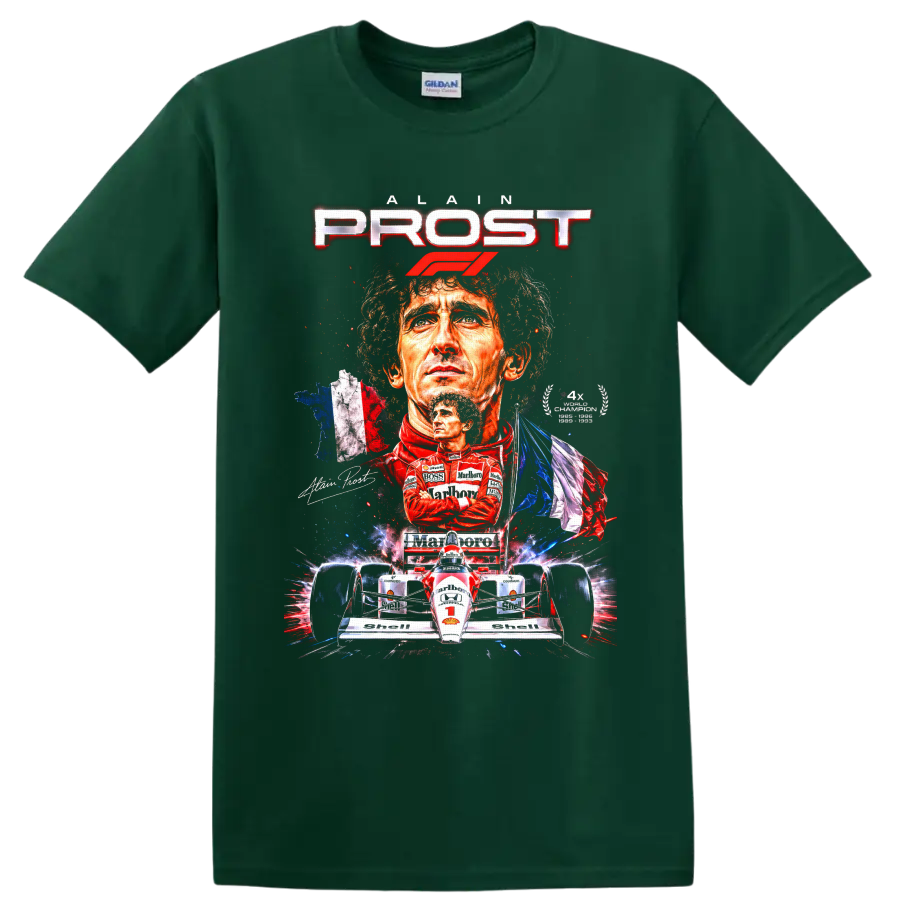 Alain Prost Formula 1 portrait collage with race car, French flag, and PROST lettering on a Forest Green T Shirt