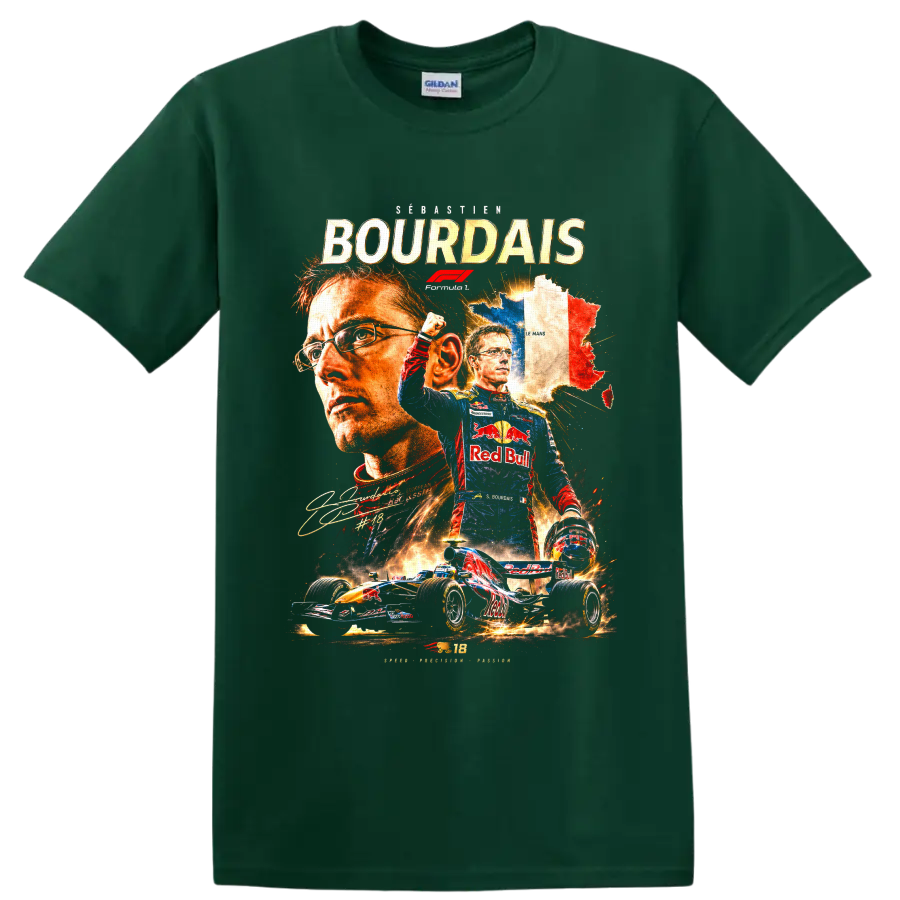 Sébastien Bourdais Toro Rosso Formula 1 collage with French map and race car on a Forest Green T Shirt