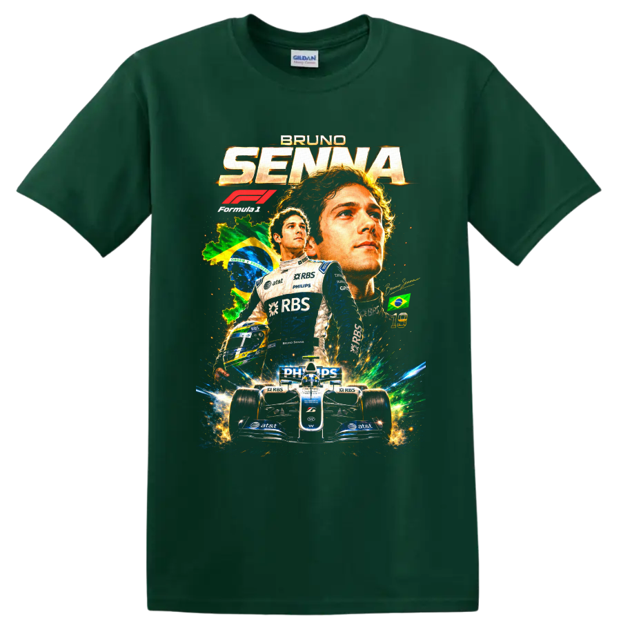 Bruno Senna Williams Formula 1 collage with Brazil flag, helmet, and race car on a Forest Green T Shirt