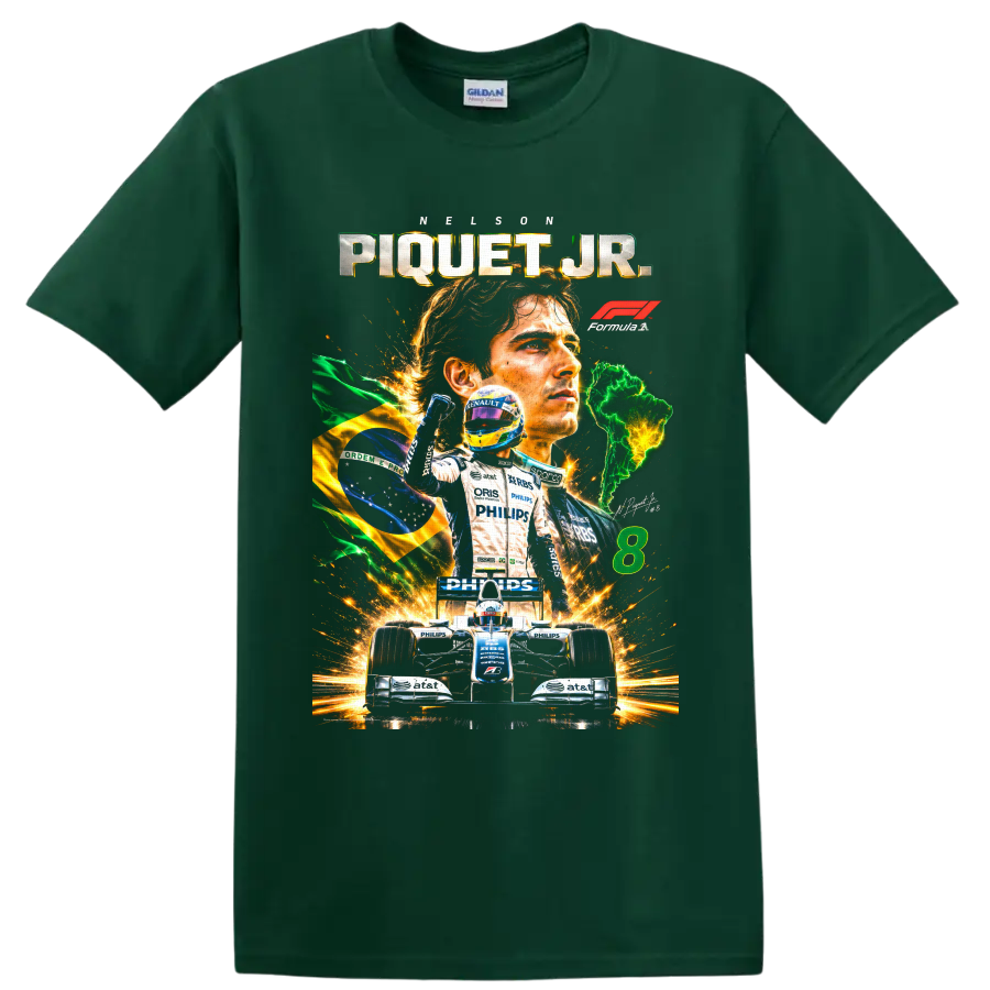 Nelson Piquet Jr Formula 1 racing collage with Brazilian flag, race car, and number 8 on a Forest Green T Shirt