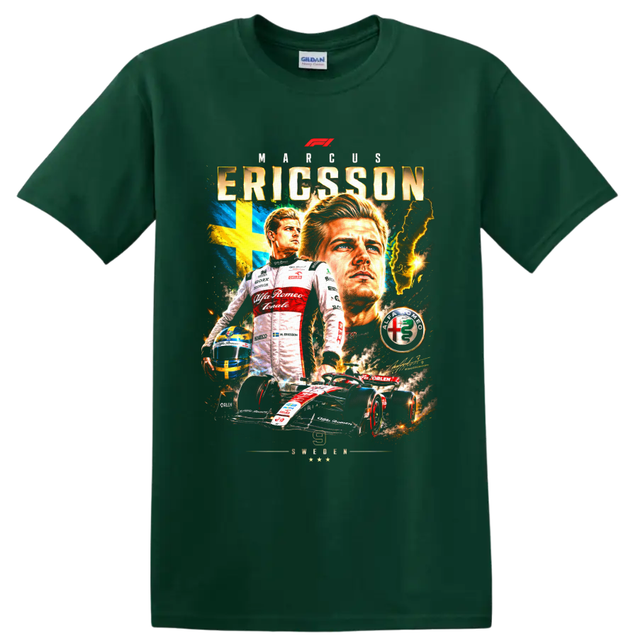 Marcus Ericsson racing poster graphic with Swedish flag, helmet, Formula 1 car, and on a Forest Green T Shirt