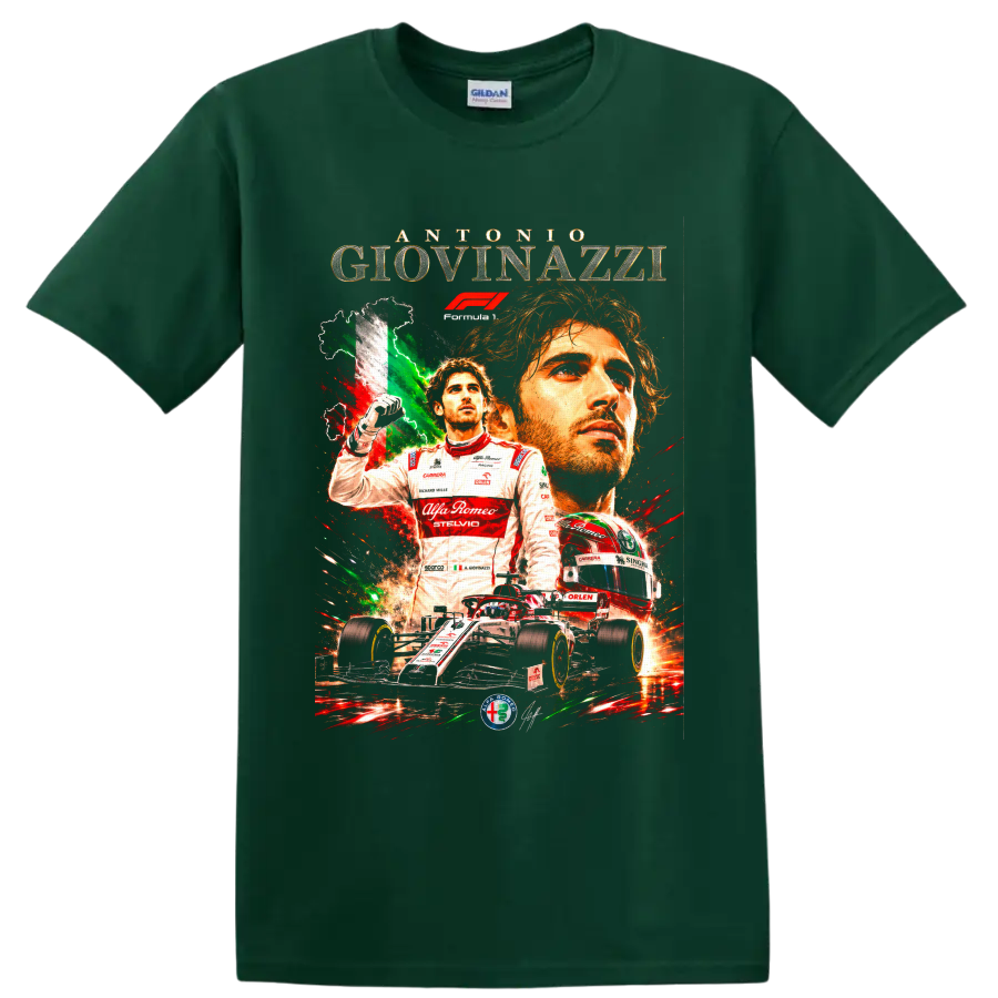 Antonio Giovinazzi Alfa Romeo Racing Formula 1 collage with helmet and race car on a Forest Green T Shirt