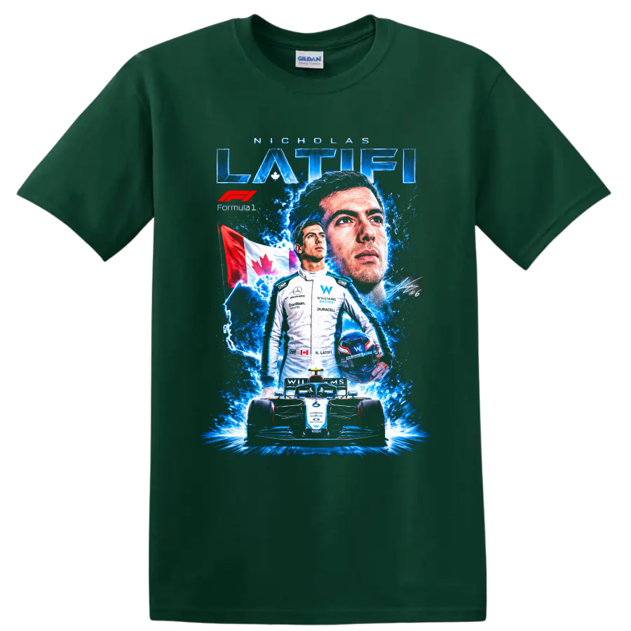 Nicholas Latifi Williams Racing Formula 1 collage with Canadian flag and number 6 car on a Forest Green T Shirt