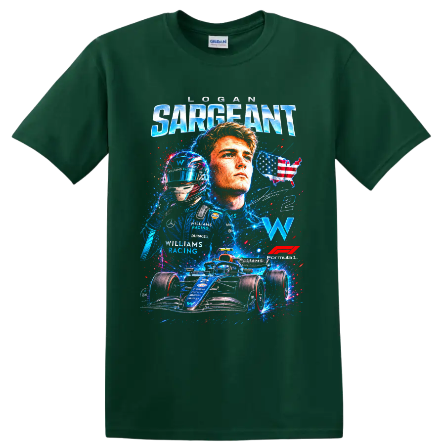 Logan Sargeant Williams Racing Formula 1 portrait, helmet, No. 2 car graphic on a Forest Green T Shirt