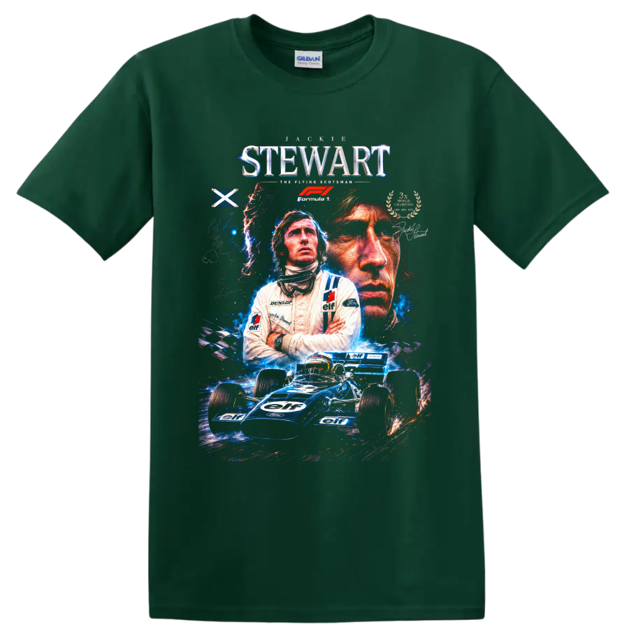 Jackie Stewart Formula 1 portrait collage with blue Tyrrell race car and racing text on a Forest Green T Shirt