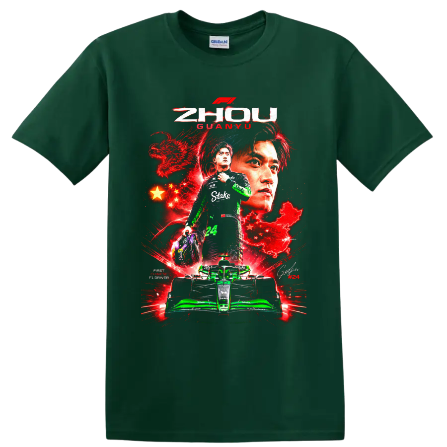Zhou Guanyu Formula 1 number 24 racing collage with dragon, Chinese stars, and green car on a Forest Green T Shirt