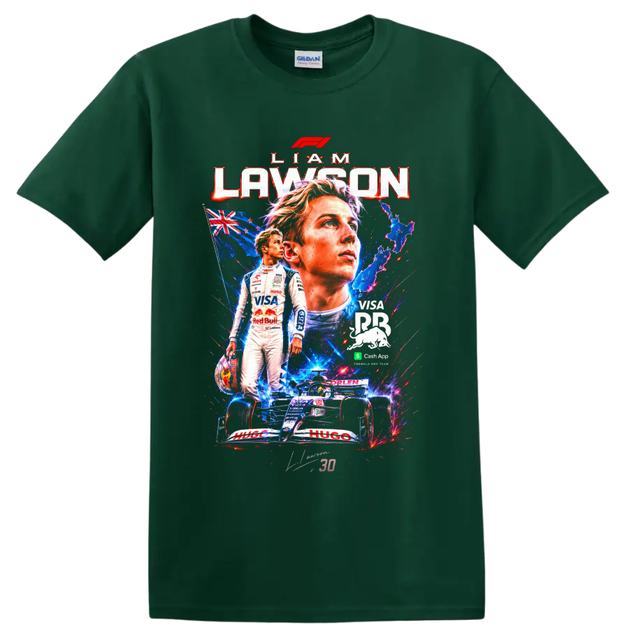 Liam Lawson Formula 1 portrait collage with number 30 car and New Zealand flag on a Forest Green T Shirt