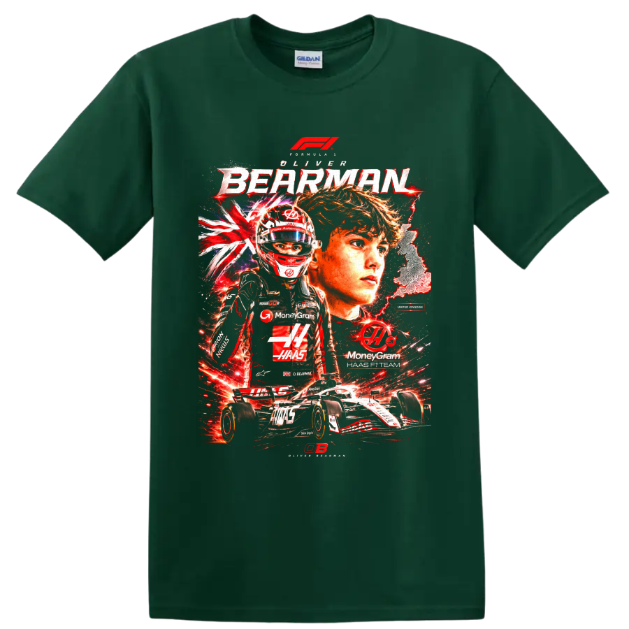 Oliver Bearman Haas Formula 1 driver collage with helmet, race car, and British motifs on a Forest Green T Shirt