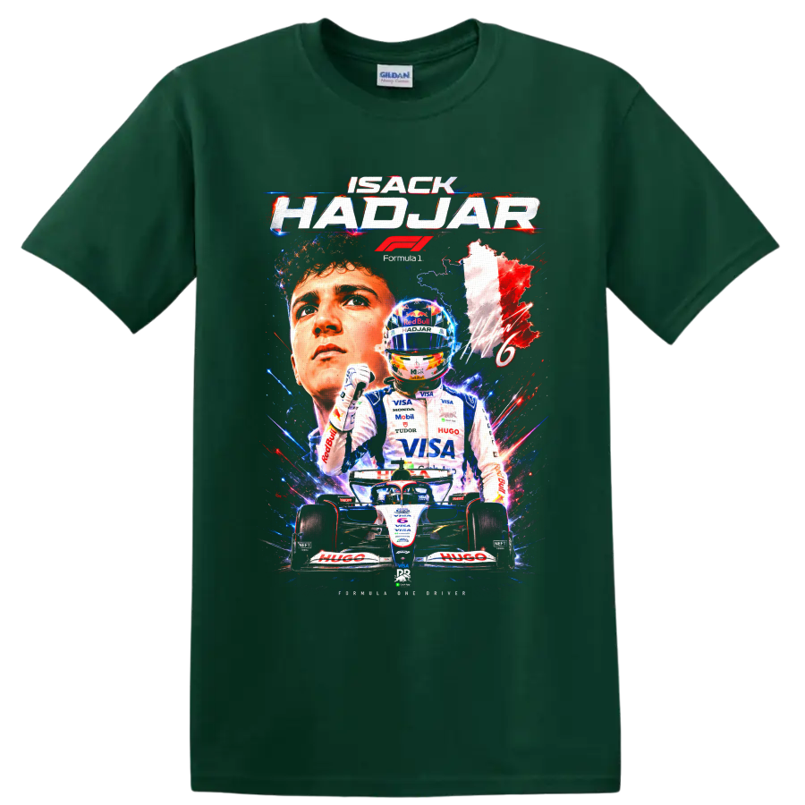 Isack Hadjar Racing Bulls Formula 1 graphic with portrait, helmet, and number 6 car on a Forest Green T Shirt