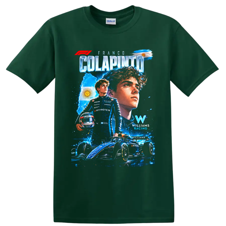 Franco Colapinto Williams Racing Formula 1 portrait, race car, and Argentina flag collage on a Forest Green T Shirt