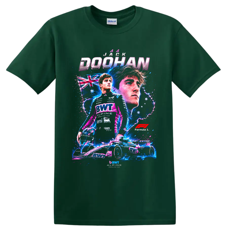 Jack Doohan Alpine Formula 1 driver and race car neon collage with Australian flag on a Forest Green T Shirt