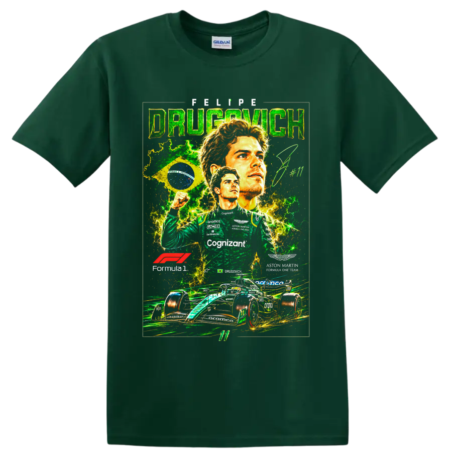 Felipe Drugovich Aston Martin Formula 1 collage with Brazilian flag and race car on a Forest Green T Shirt