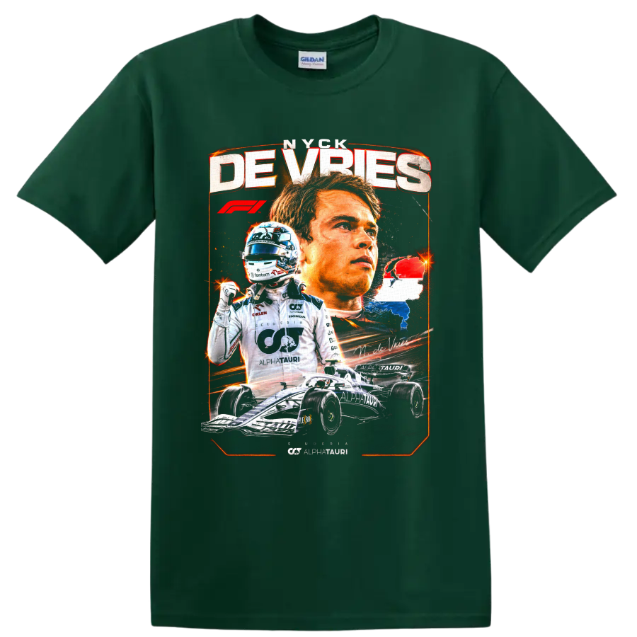 Nyck de Vries AlphaTauri Formula 1 racing collage with driver portrait and race car on a Forest Green T Shirt