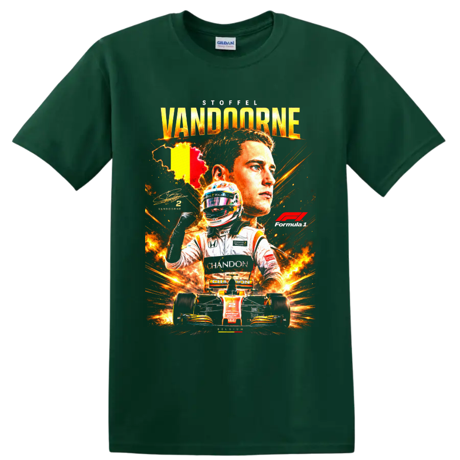 Stoffel Vandoorne McLaren Formula 1 racing collage with helmet, number 2 car and Belgian on a Forest Green T Shirt