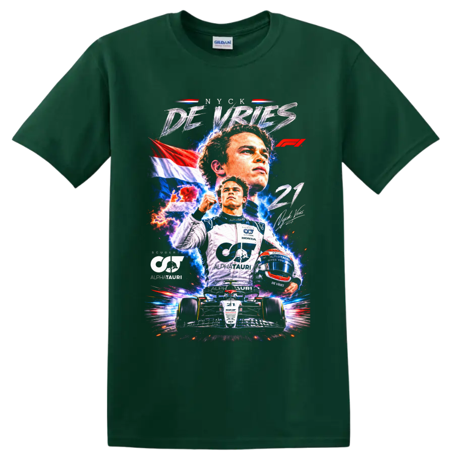 Nyck de Vries AlphaTauri racing collage with Dutch flag, helmet, and number 21 car on a Forest Green T Shirt