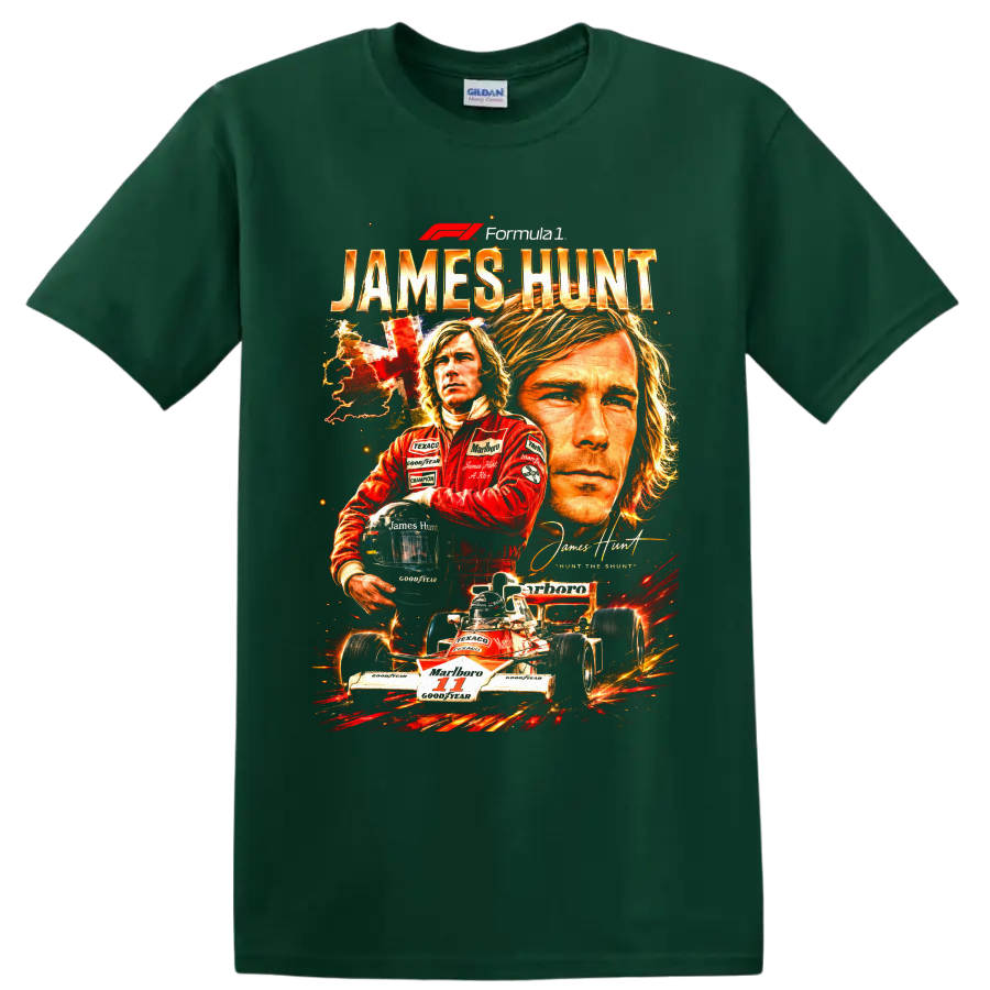 James Hunt Formula 1 portrait collage with McLaren number 11 race car and helmet on a Forest Green T Shirt