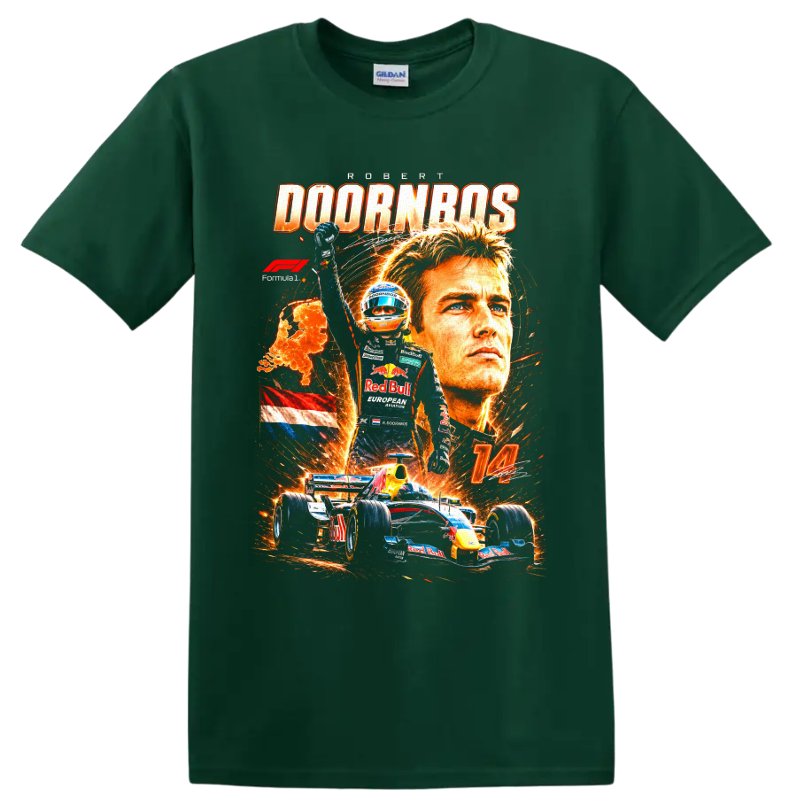 Robert Doornbos Red Bull Formula 1 number 14 fiery racing collage graphic on a Forest Green T Shirt