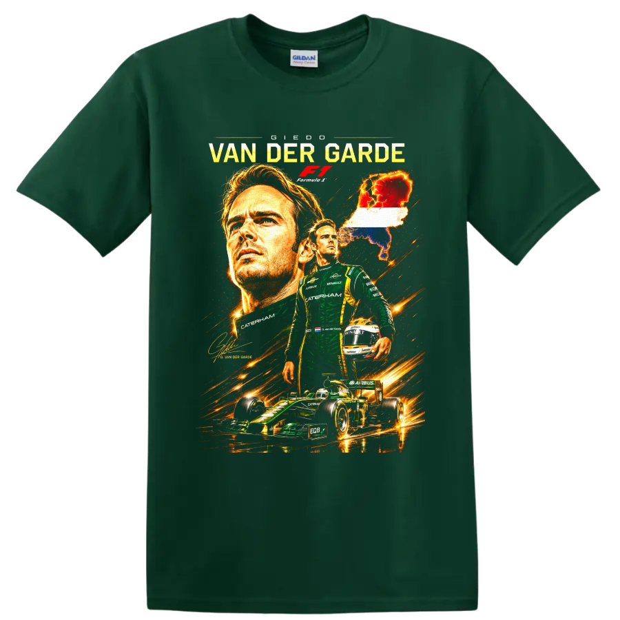 Giedo van der Garde Caterham Formula 1 portrait with race car and Netherlands map on a Forest Green T Shirt