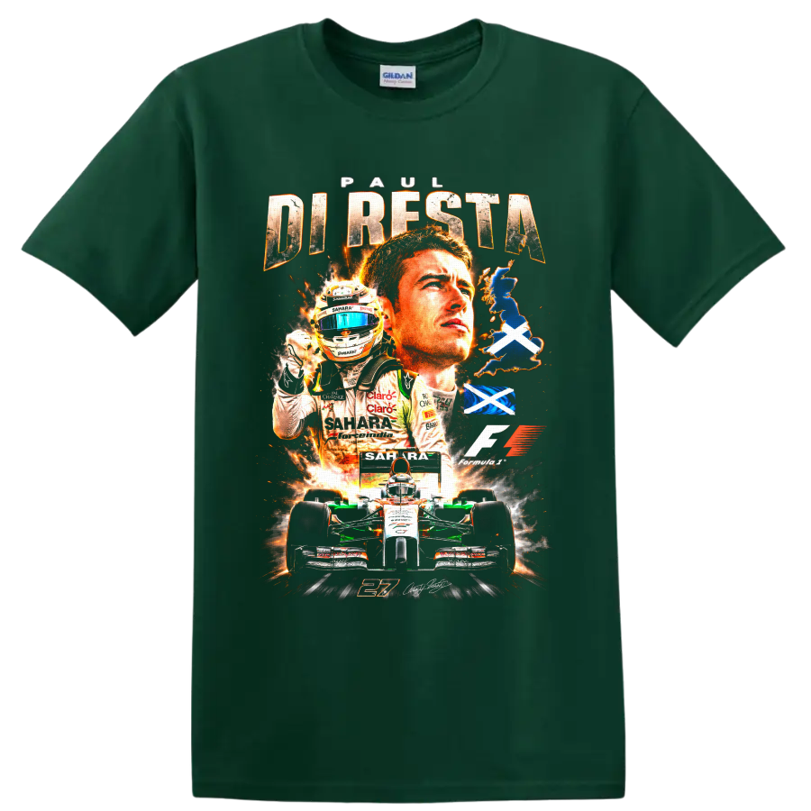 Paul di Resta Force India Formula 1 racing collage with number 21 car and Saltire flags on a Forest Green T Shirt