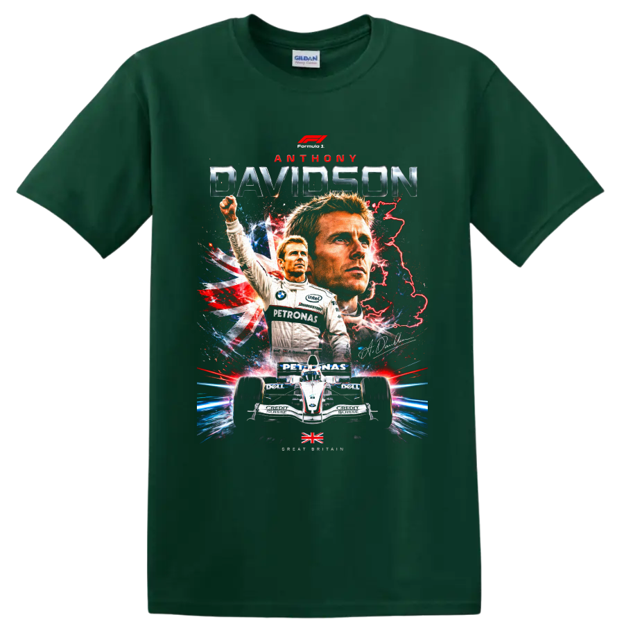 Anthony Davidson Formula 1 racing poster graphic with Union Jack and BMW Sauber car on a Forest Green T Shirt