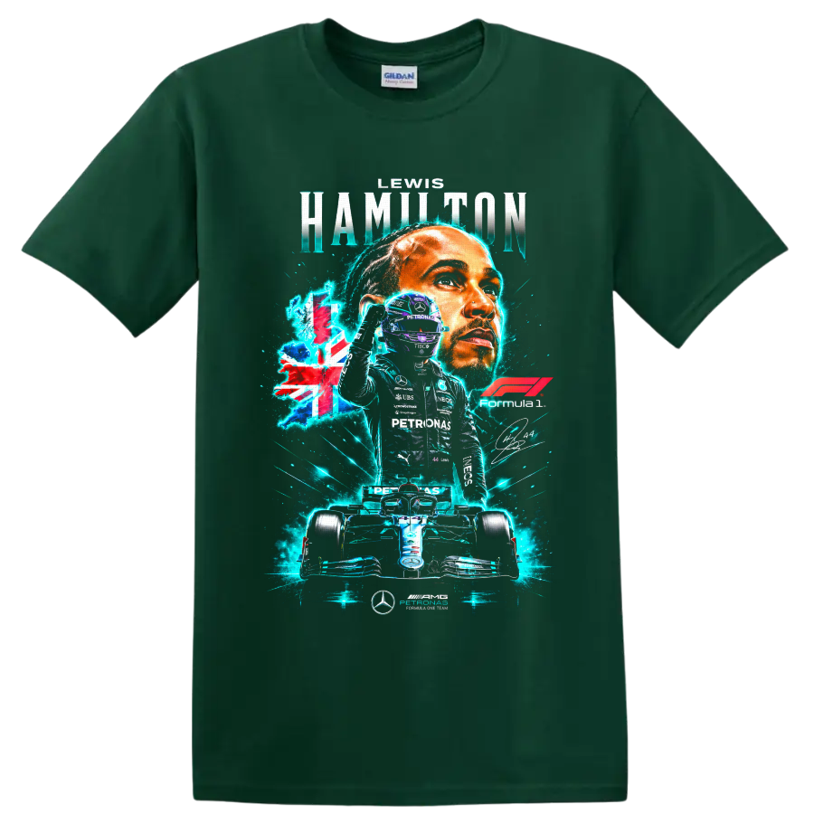 Lewis Hamilton Mercedes Formula 1 portrait, number 44 driver, and race car graphic on a Forest Green T Shirt