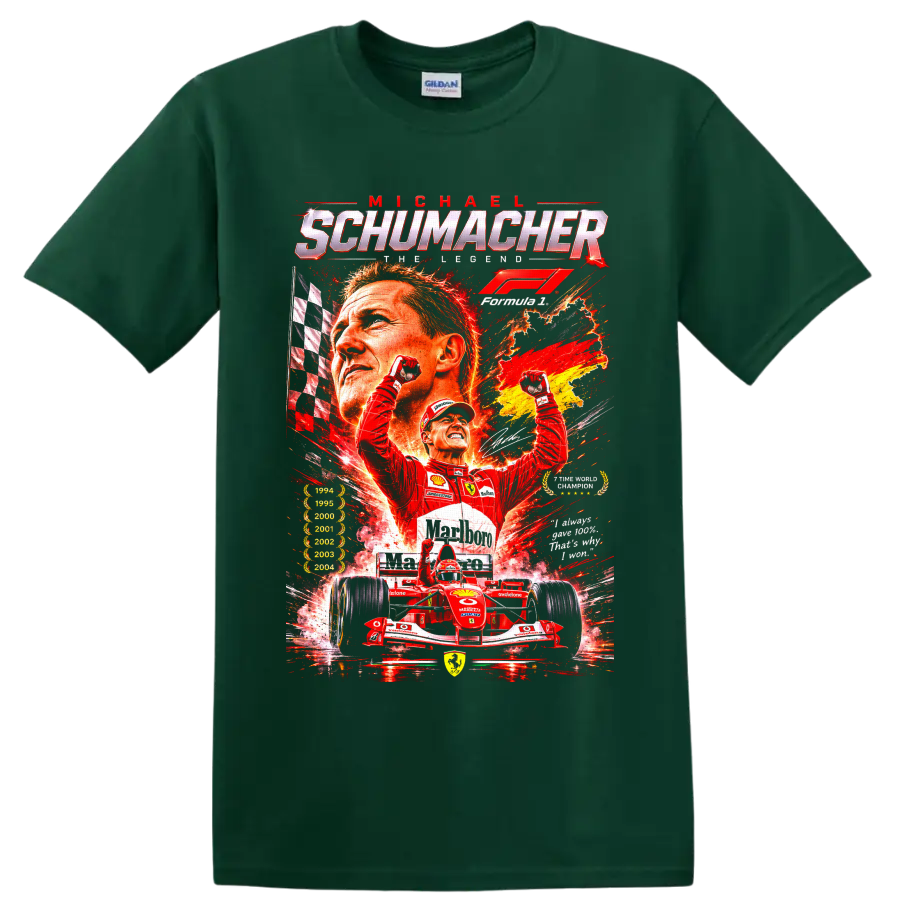 Michael Schumacher Ferrari Formula 1 racing collage with champion years and victory pose on a Forest Green T Shirt