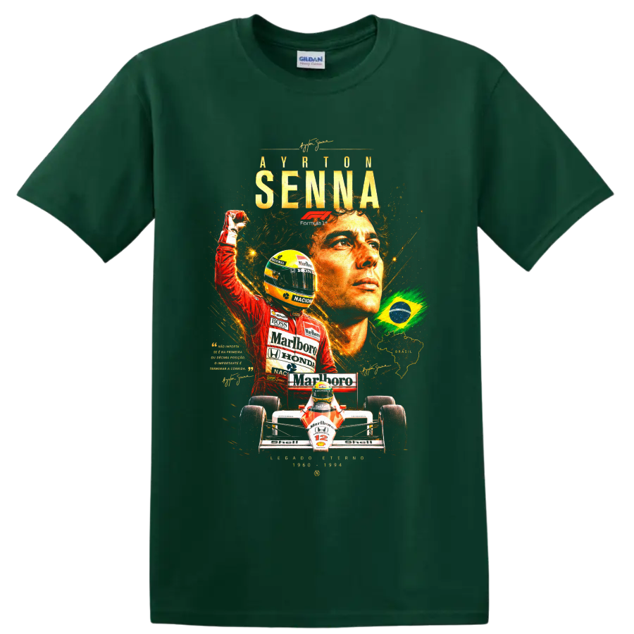Ayrton Senna Formula 1 tribute collage with Brazilian flag, helmet, and race car on a Forest Green T Shirt