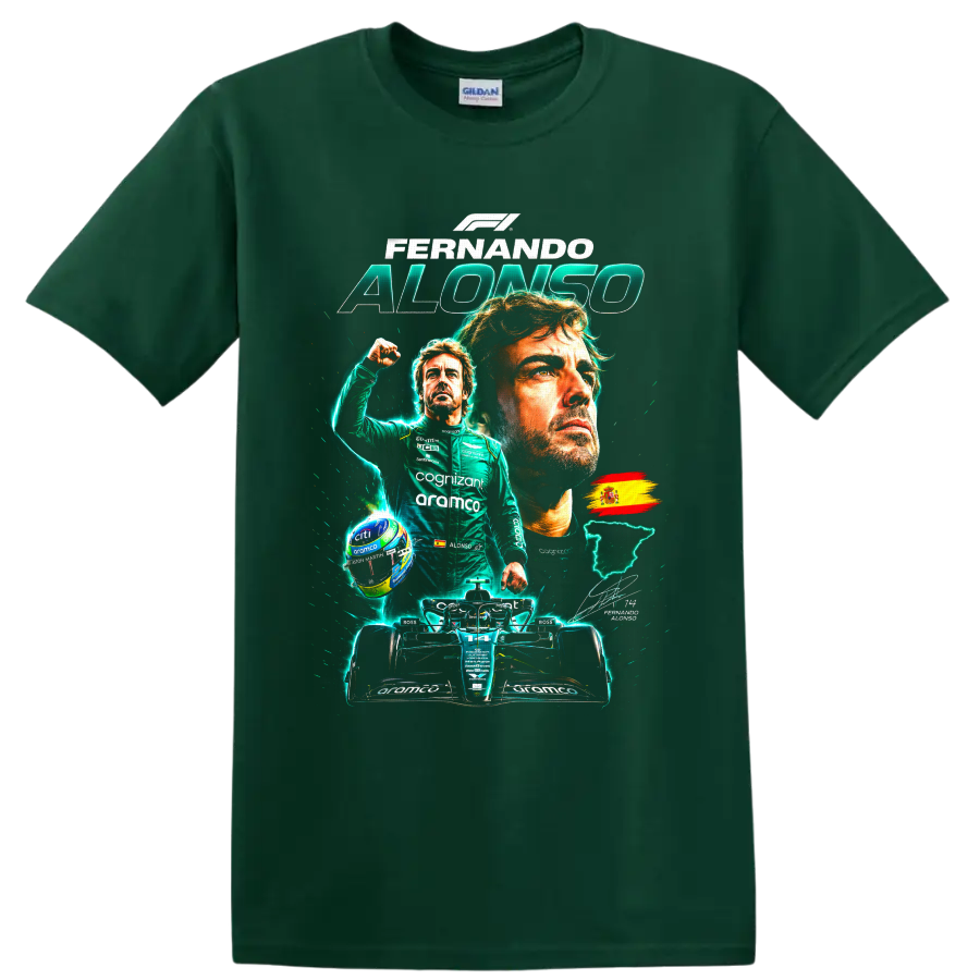 Fernando Alonso Formula 1 portrait collage with Aston Martin race car and Spanish flag on a Forest Green T Shirt