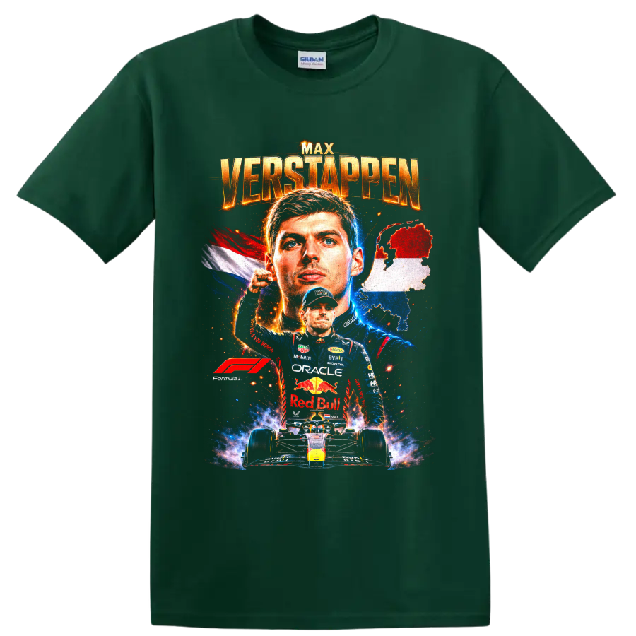 Max Verstappen Red Bull Racing Formula 1 portrait with Dutch flag, map, and race car on a Forest Green T Shirt