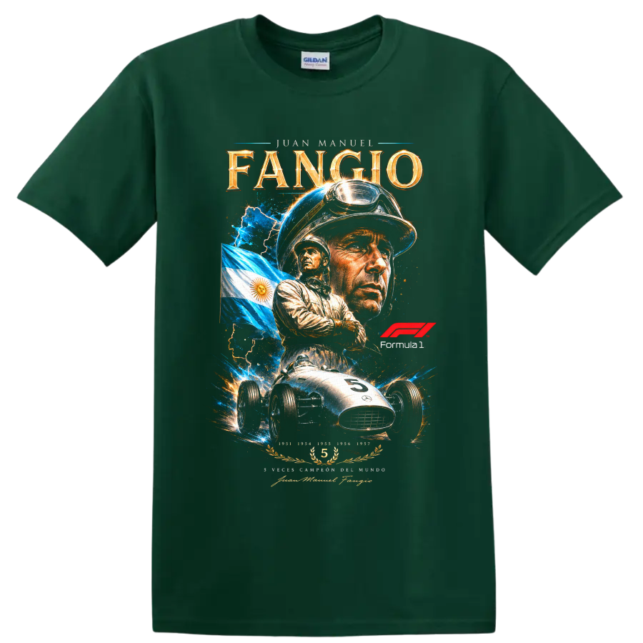 Juan Manuel Fangio portrait with Argentine flag, vintage race car, and Formula 1 graphic on a Forest Green T Shirt