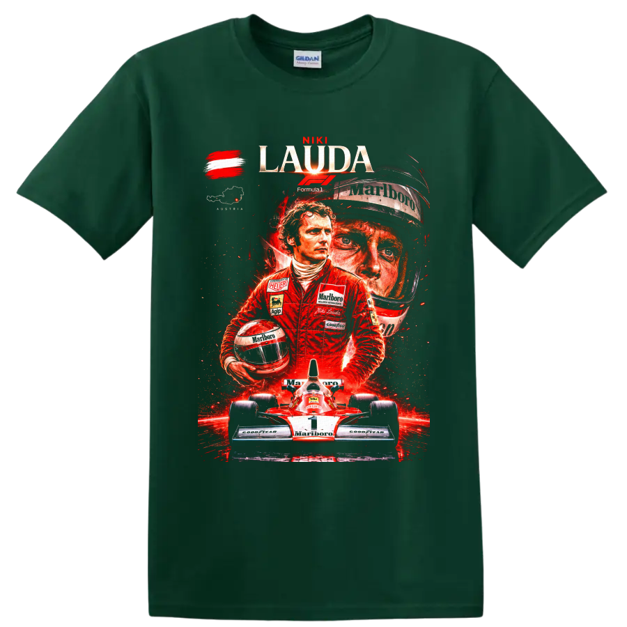 Niki Lauda dramatic Formula 1 collage with helmet, Austrian flag, and number 1 race car on a Forest Green T Shirt
