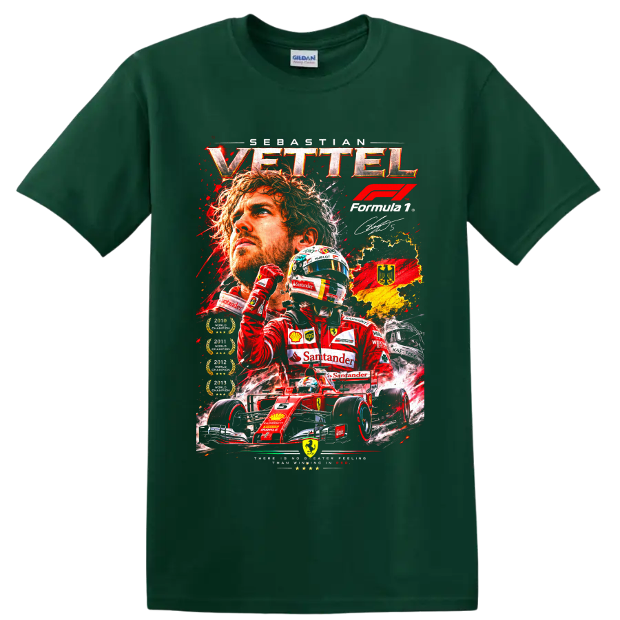 Sebastian Vettel Ferrari Formula 1 racing collage with red car, helmet, and German flag on a Forest Green T Shirt