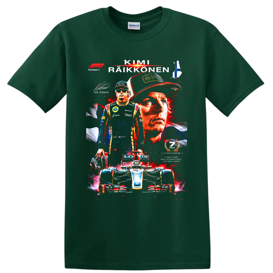 Kimi Räikkönen Formula 1 Lotus Renault portrait collage with race car and Finnish flag on a Forest Green T Shirt