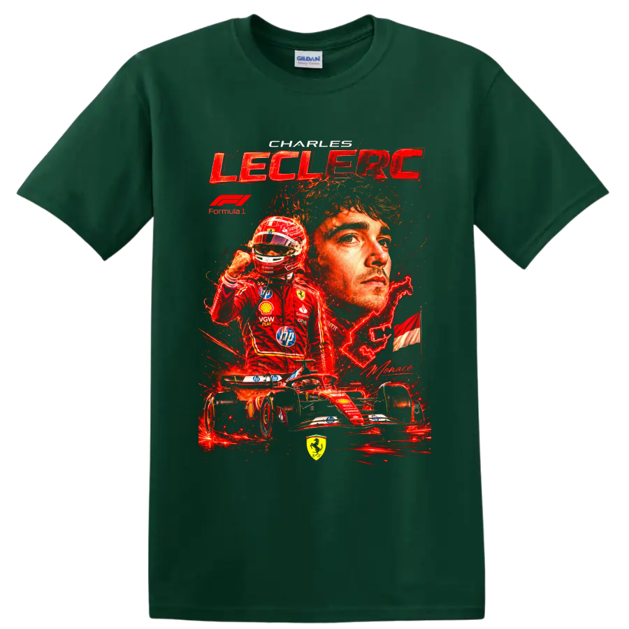 Charles Leclerc Ferrari Formula 1 portrait, helmeted driver, and race car collage on a Forest Green T Shirt