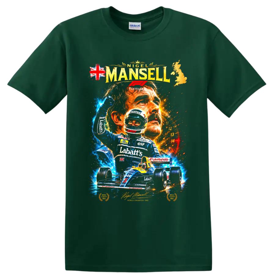 Nigel Mansell 1992 Williams Renault Formula 1 racing collage with championship car on a Forest Green T Shirt