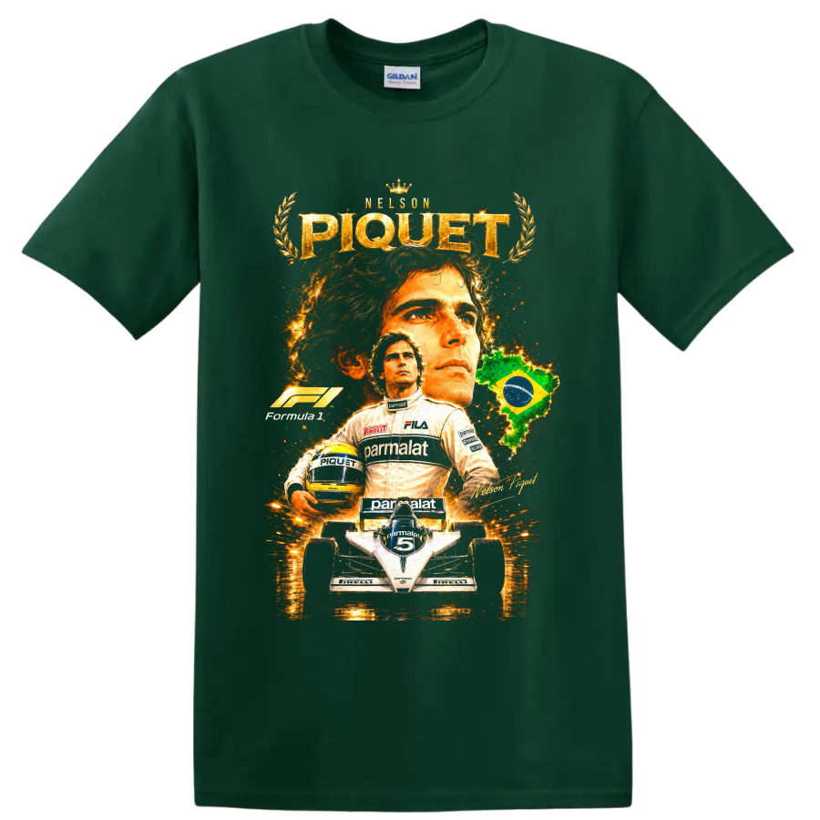 Nelson Piquet Brabham Formula 1 portrait, helmet, race car, and Brazil graphic on a Forest Green T Shirt