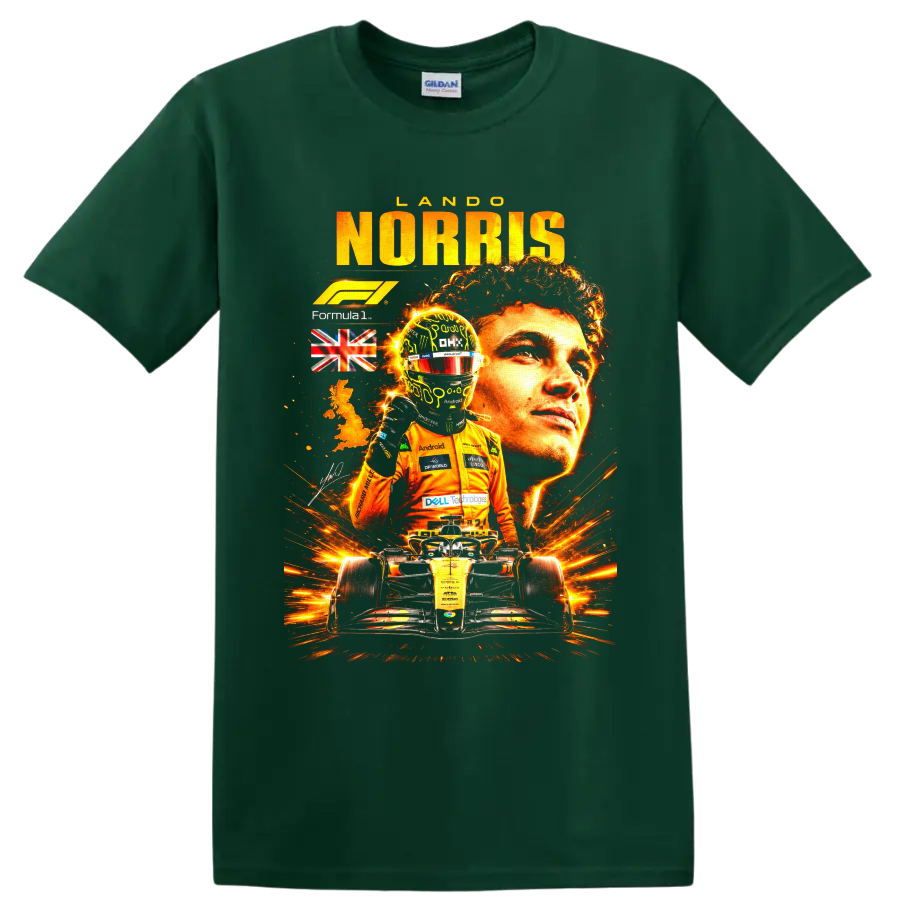 Lando Norris McLaren Formula 1 racing portrait with helmeted driver and race car on a Forest Green T Shirt