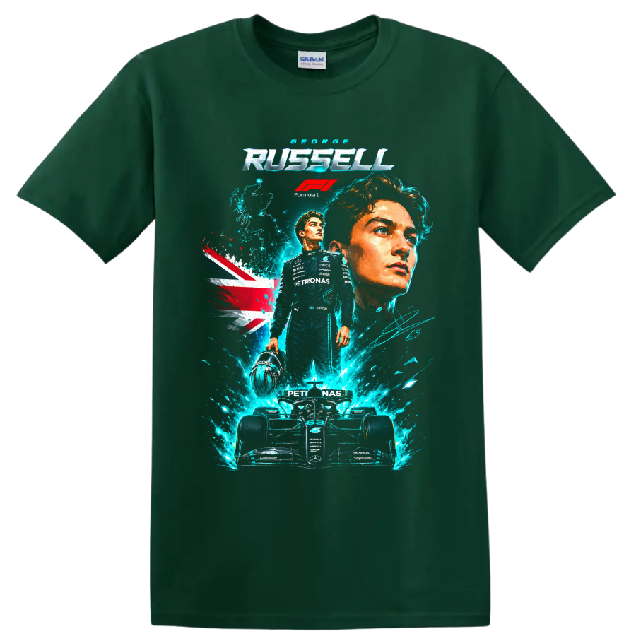 George Russell Mercedes Formula 1 portrait and race car graphic with Union Jack on a Forest Green T Shirt