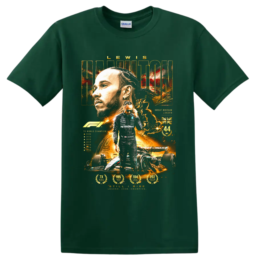 Lewis Hamilton Formula 1 championship collage with Mercedes-AMG Petronas car and number 44 on a Forest Green T Shirt