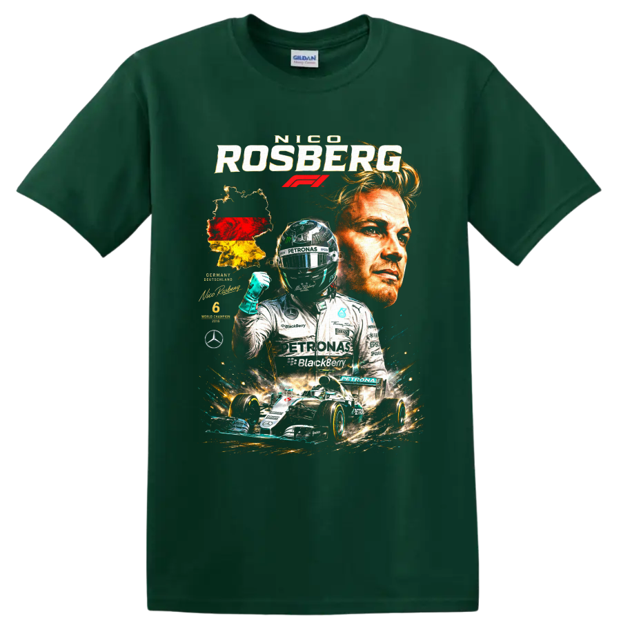 Nico Rosberg Mercedes-AMG Petronas Formula 1 championship racing collage on a Forest Green T Shirt
