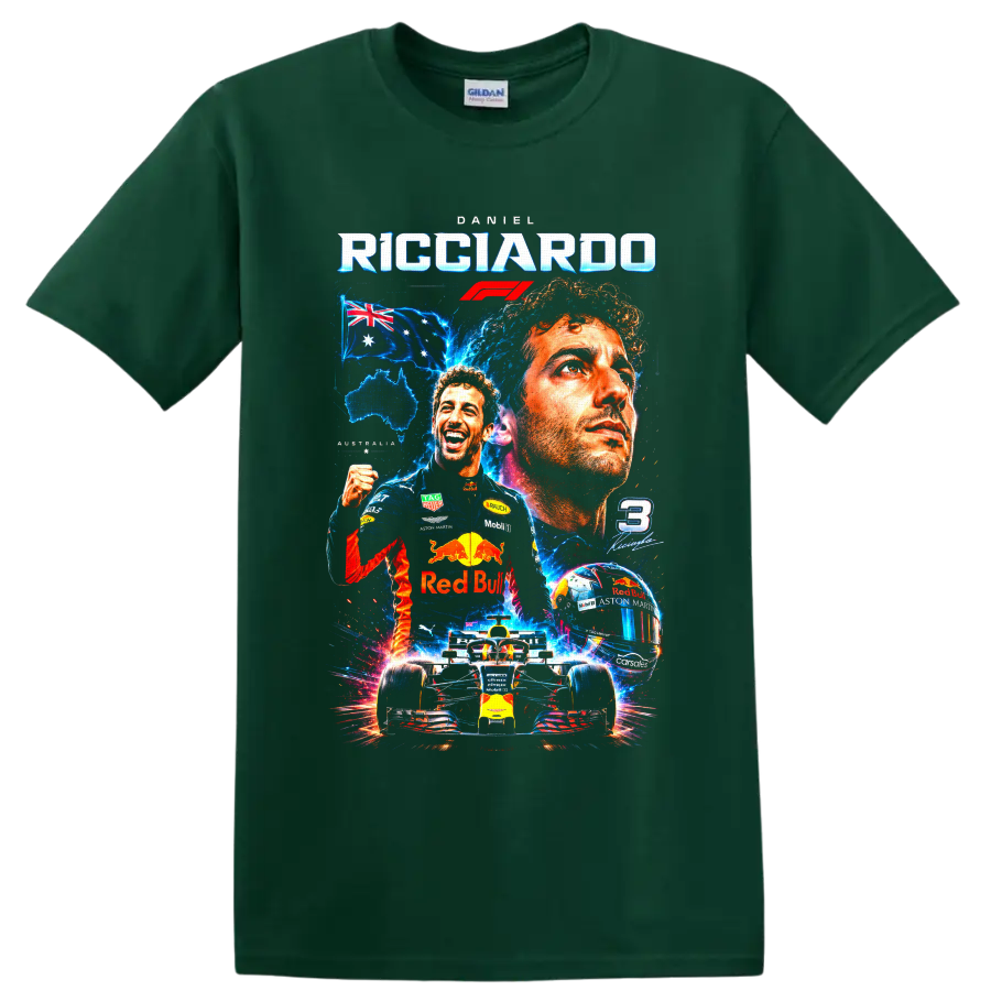 Daniel Ricciardo F1 collage with Red Bull car, helmet, Australian flag and number 3 on a Forest Green T Shirt