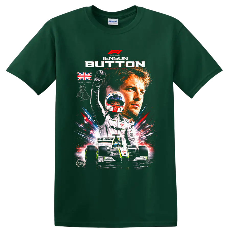 Jenson Button Brawn GP 2009 champion collage with car, helmet, trophy, and Union Jack on a Forest Green T Shirt