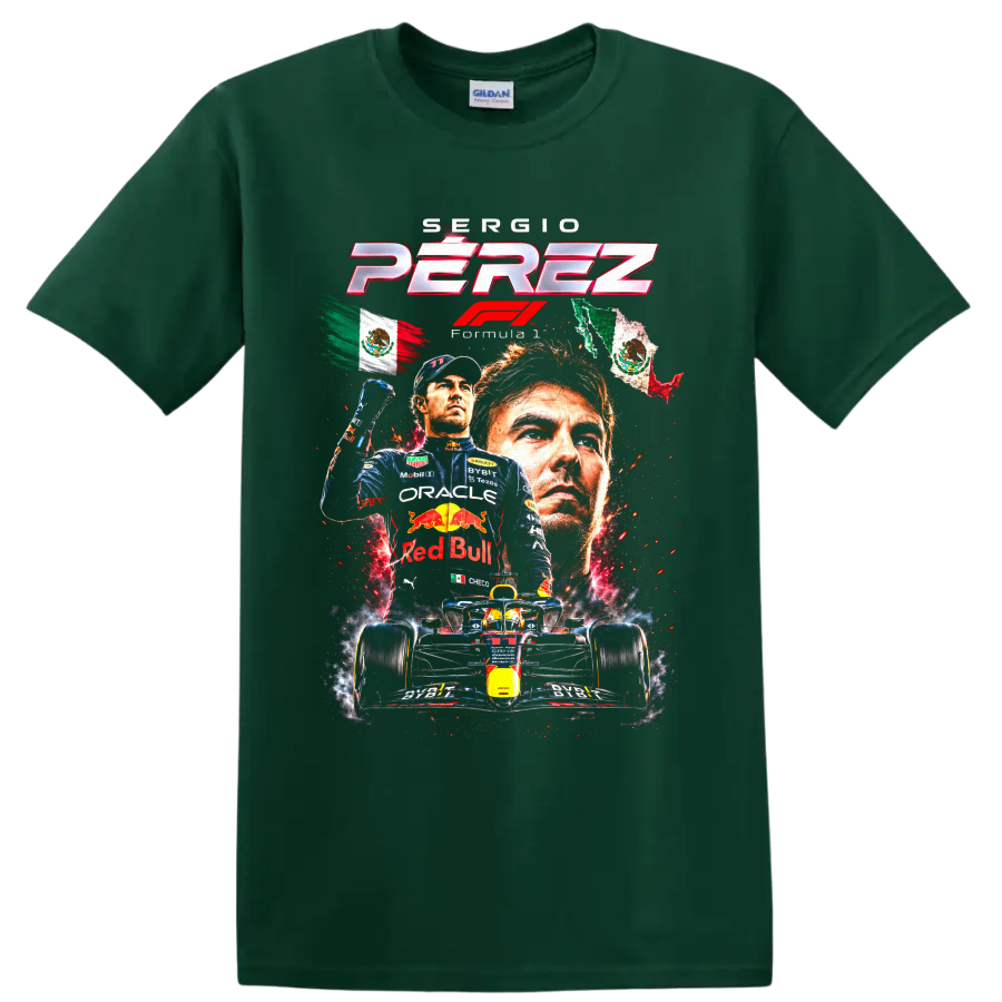 Sergio Pérez Formula 1 Red Bull Racing collage with Mexican flags and race car on a Forest Green T Shirt