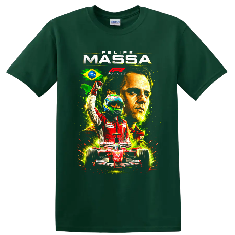 Felipe Massa Ferrari Formula 1 collage with Brazilian flag, driver portrait, and red race on a Forest Green T Shirt