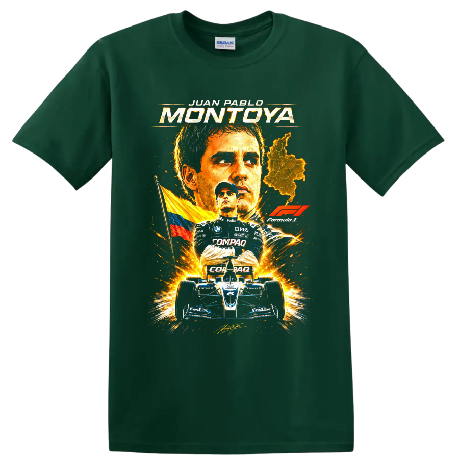Juan Pablo Montoya Formula 1 portrait with Colombian flag, map, and number 6 race car on a Forest Green T Shirt