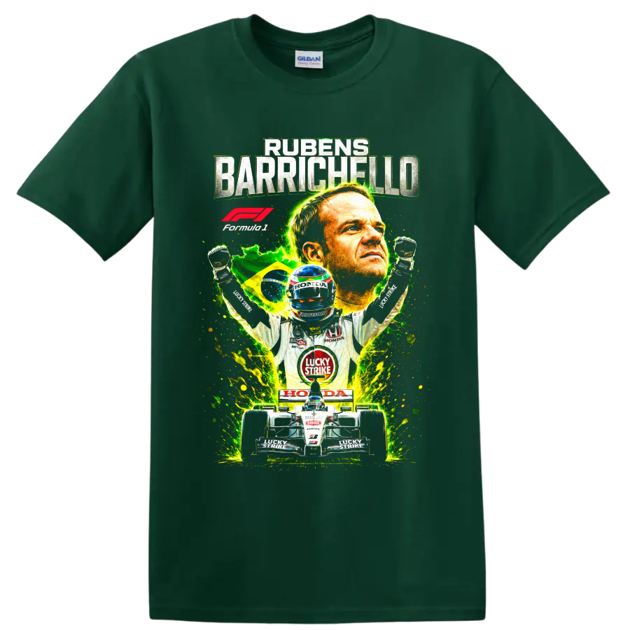Rubens Barrichello BAR Honda Formula 1 racing collage with Brazilian flag and race car on a Forest Green T Shirt