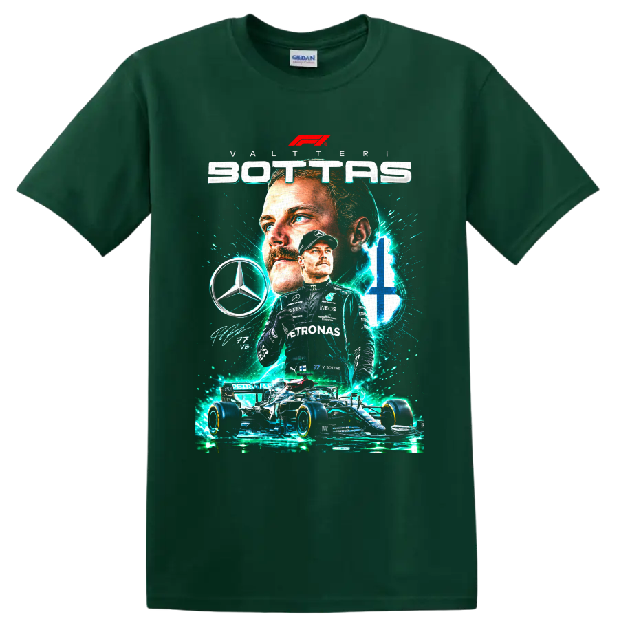 Valtteri Bottas Mercedes Formula 1 number 77 racing collage with teal energy effects on a Forest Green T Shirt