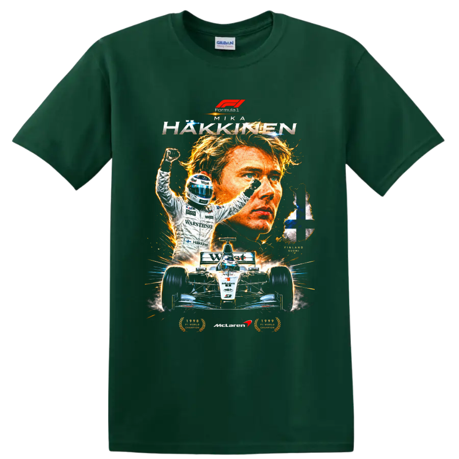 Mika Häkkinen McLaren racing portrait, victory pose, race car and Finnish flag on a Forest Green T Shirt