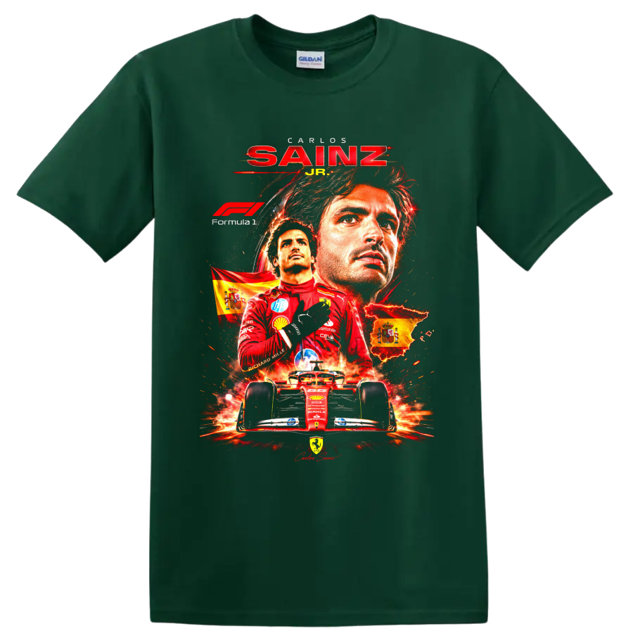 Carlos Sainz Jr Ferrari Formula 1 poster graphic with Spanish flags and red race car on a Forest Green T Shirt